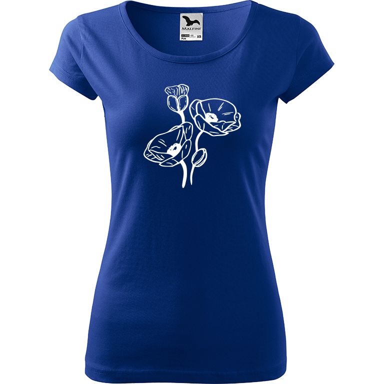 Ručně malované dámské bavlněné tričko - Vlčí máky Barva trička: MODRÁ, Velikost trička: S, Barva motivu: BÍLÁ
