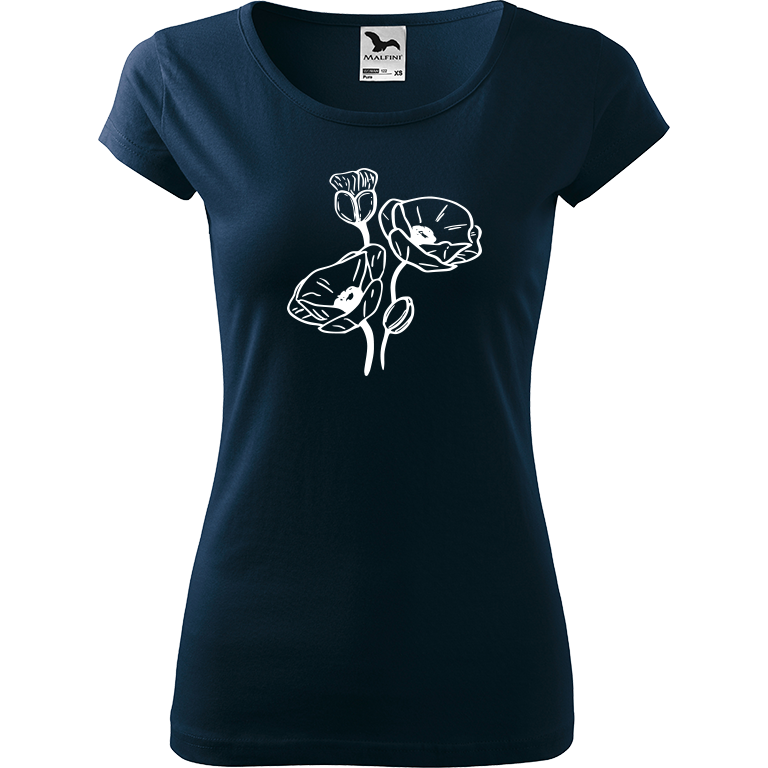 Ručně malované dámské bavlněné tričko - Vlčí máky Barva trička: NÁMOŘNICKÁ MODRÁ, Velikost trička: XXL, Barva motivu: BÍLÁ