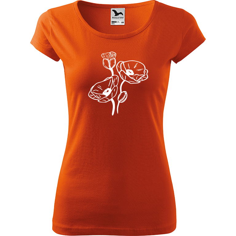 Ručně malované dámské bavlněné tričko - Vlčí máky Barva trička: ORANŽOVÁ, Velikost trička: XL, Barva motivu: BÍLÁ