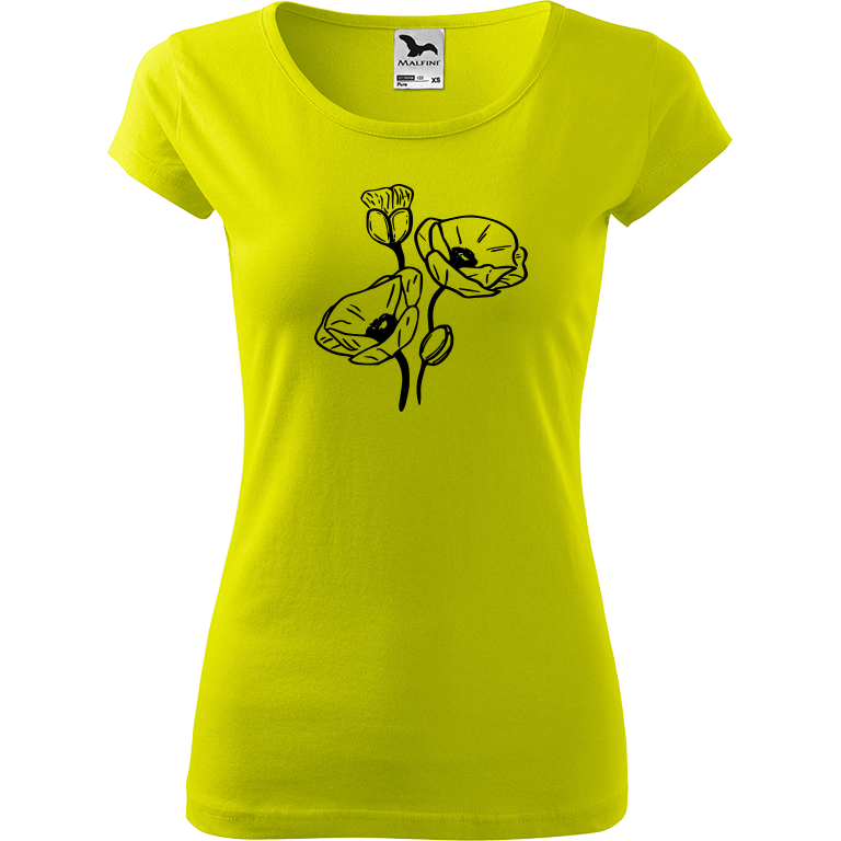 Ručně malované dámské bavlněné tričko - Vlčí máky Barva trička: LIMETKOVÁ, Velikost trička: M, Barva motivu: ČERNÁ