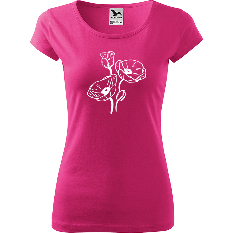 Ručně malované dámské bavlněné tričko - Vlčí máky Barva trička: RŮŽOVÁ, Velikost trička: S, Barva motivu: BÍLÁ