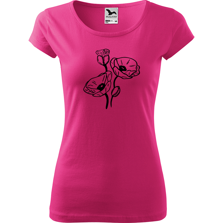 Ručně malované dámské bavlněné tričko - Vlčí máky Barva trička: RŮŽOVÁ, Velikost trička: XL, Barva motivu: ČERNÁ