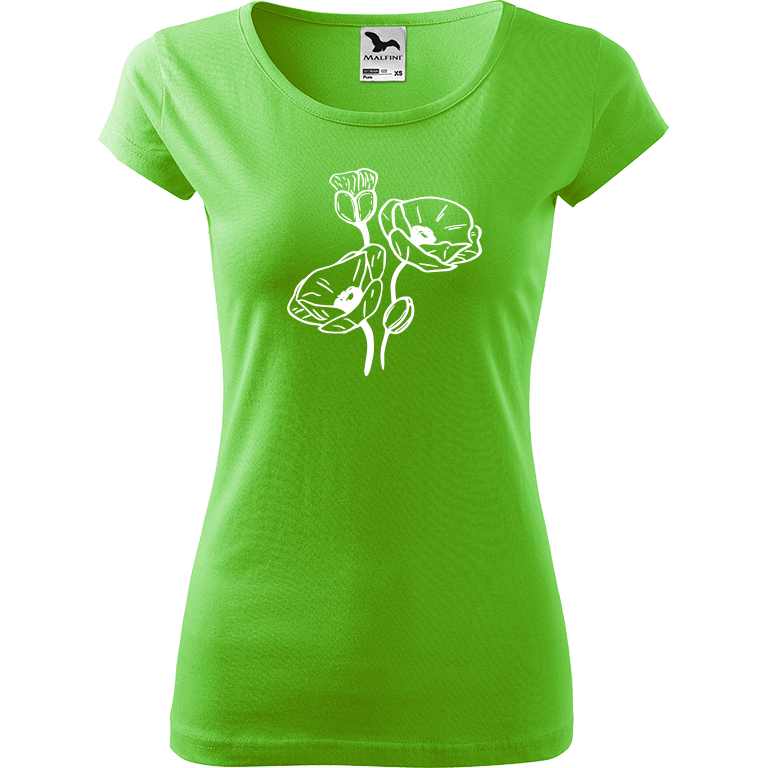 Ručně malované dámské bavlněné tričko - Vlčí máky Barva trička: SVĚTLE ZELENÁ, Velikost trička: XL, Barva motivu: BÍLÁ