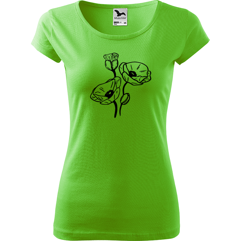 Ručně malované dámské bavlněné tričko - Vlčí máky Barva trička: SVĚTLE ZELENÁ, Velikost trička: XL, Barva motivu: ČERNÁ