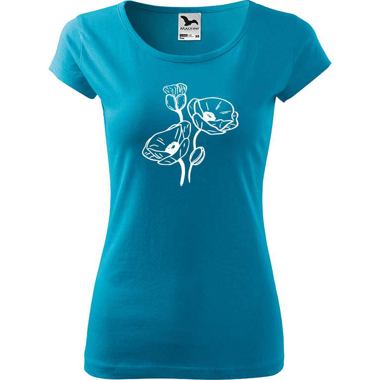 Ručně malované dámské bavlněné tričko - Vlčí máky Barva trička: TYRKYSOVÁ, Velikost trička: S, Barva motivu: BÍLÁ