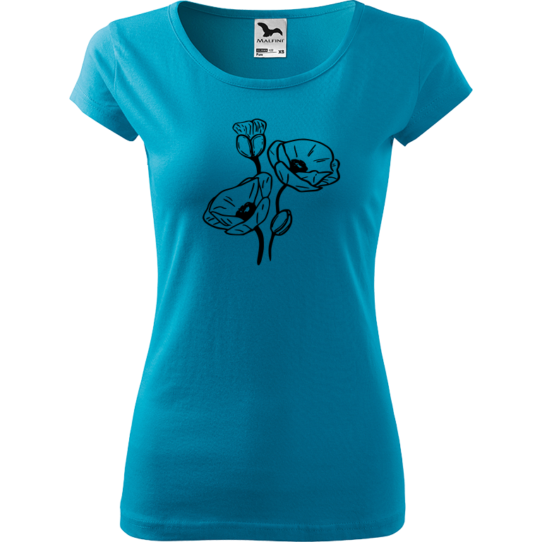 Ručně malované dámské bavlněné tričko - Vlčí máky Barva trička: TYRKYSOVÁ, Velikost trička: S, Barva motivu: ČERNÁ