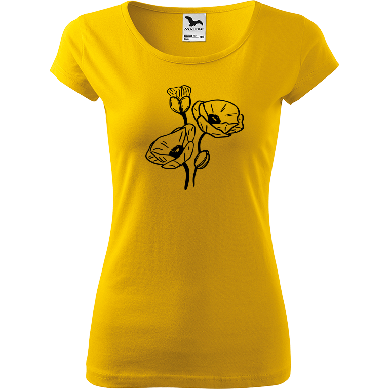 Ručně malované dámské bavlněné tričko - Vlčí máky Barva trička: ŽLUTÁ, Velikost trička: M, Barva motivu: ČERNÁ