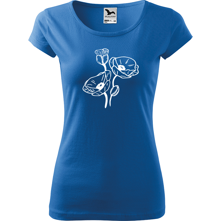 Ručně malované dámské bavlněné tričko - Vlčí máky Barva trička: AZUROVÁ, Velikost trička: L, Barva motivu: BÍLÁ
