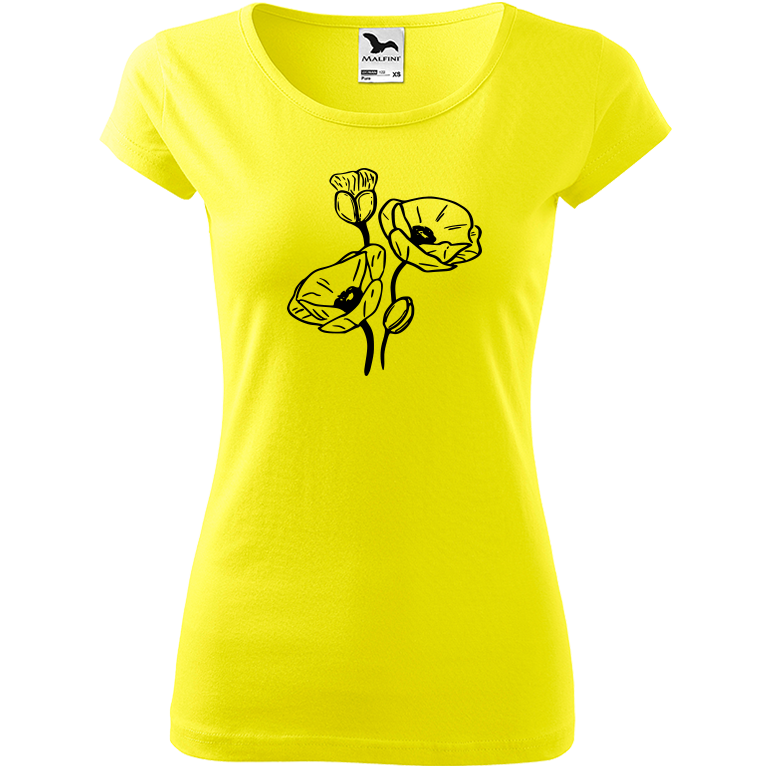 Ručně malované dámské bavlněné tričko - Vlčí máky Barva trička: CITRONOVÁ, Velikost trička: XS, Barva motivu: ČERNÁ