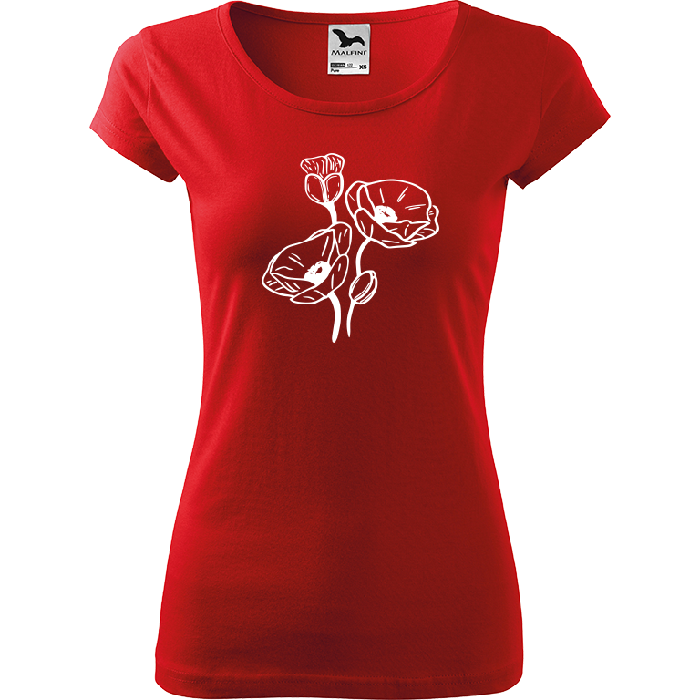 Ručně malované dámské bavlněné tričko - Vlčí máky Barva trička: ČERVENÁ, Velikost trička: L, Barva motivu: BÍLÁ