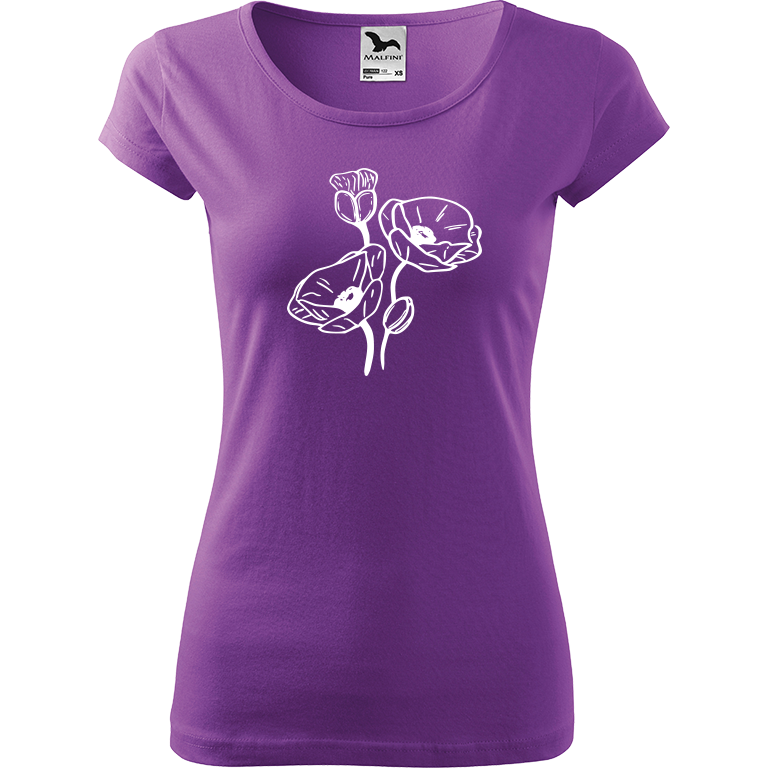 Ručně malované dámské bavlněné tričko - Vlčí máky Barva trička: FIALOVÁ, Velikost trička: XL, Barva motivu: BÍLÁ