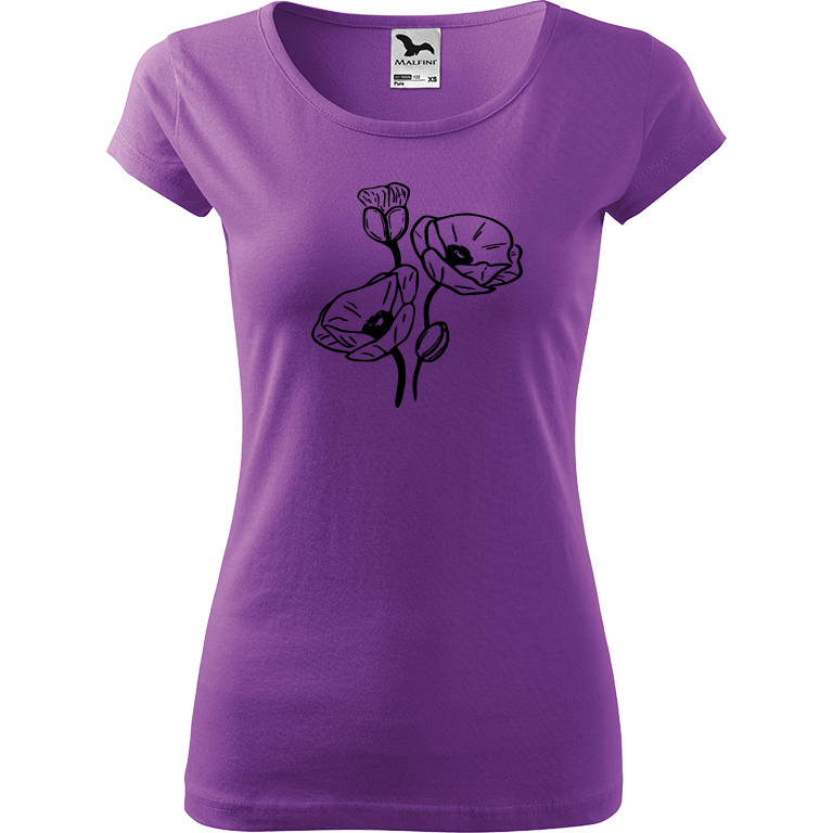 Ručně malované dámské bavlněné tričko - Vlčí máky Barva trička: FIALOVÁ, Velikost trička: XS, Barva motivu: ČERNÁ