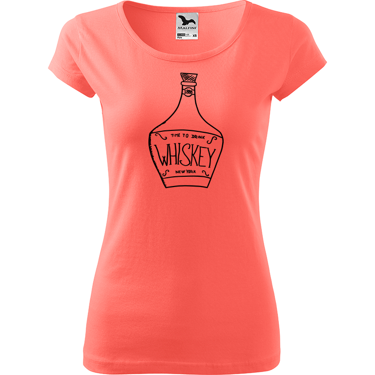 Ručně malované dámské bavlněné tričko - Whiskey Barva trička: KORÁLOVÁ, Velikost trička: XL, Barva motivu: ČERNÁ