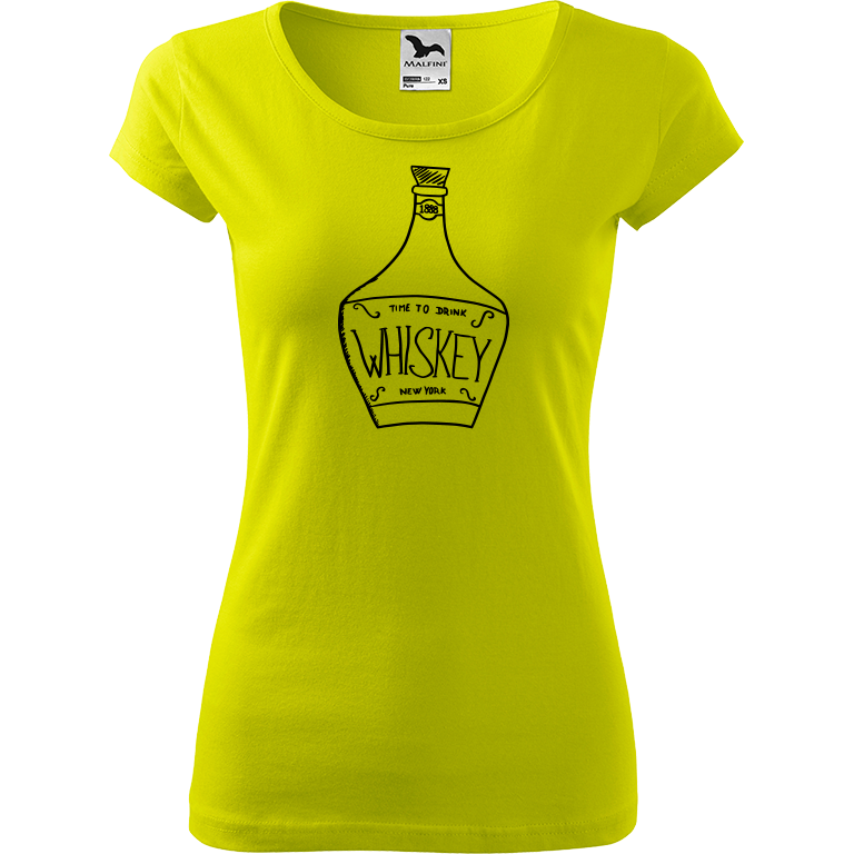 Ručně malované dámské bavlněné tričko - Whiskey Barva trička: LIMETKOVÁ, Velikost trička: L, Barva motivu: ČERNÁ