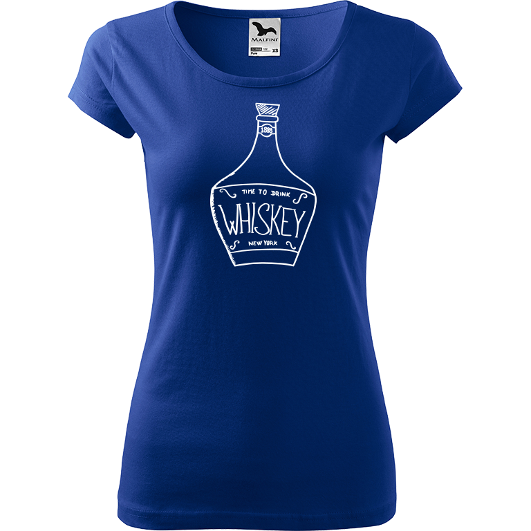 Ručně malované dámské bavlněné tričko - Whiskey Barva trička: MODRÁ, Velikost trička: S, Barva motivu: BÍLÁ