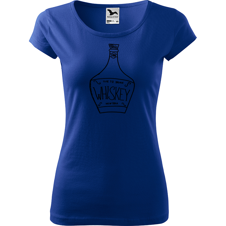 Ručně malované dámské bavlněné tričko - Whiskey Barva trička: MODRÁ, Velikost trička: XL, Barva motivu: ČERNÁ