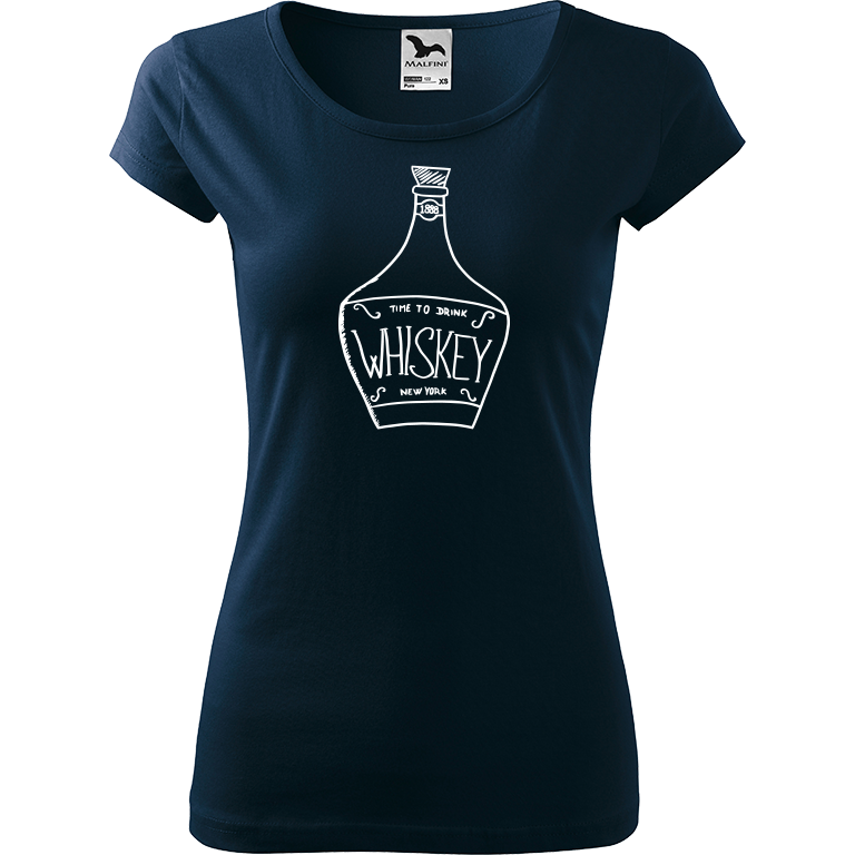 Ručně malované dámské bavlněné tričko - Whiskey Barva trička: NÁMOŘNICKÁ MODRÁ, Velikost trička: XL, Barva motivu: BÍLÁ