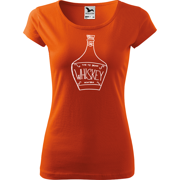 Ručně malované dámské bavlněné tričko - Whiskey Barva trička: ORANŽOVÁ, Velikost trička: L, Barva motivu: BÍLÁ