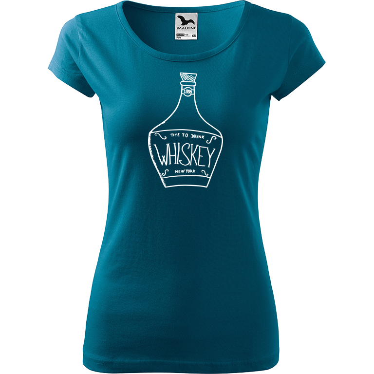 Ručně malované dámské bavlněné tričko - Whiskey Barva trička: PETROLEJOVÁ, Velikost trička: M, Barva motivu: BÍLÁ