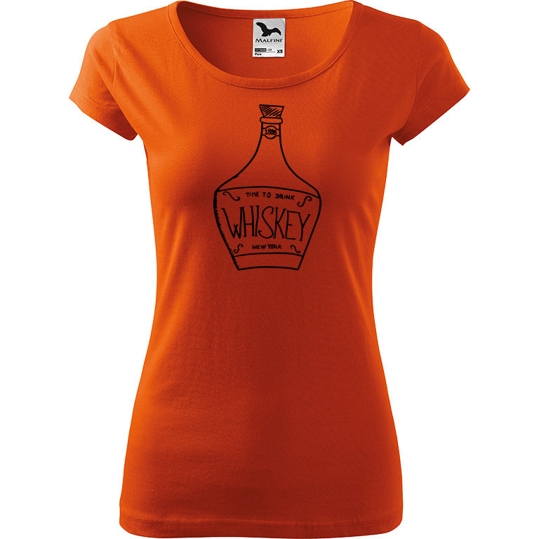 Ručně malované dámské bavlněné tričko - Whiskey Barva trička: ORANŽOVÁ, Velikost trička: S, Barva motivu: ČERNÁ