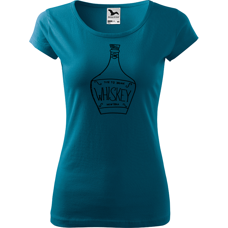 Ručně malované dámské bavlněné tričko - Whiskey Barva trička: PETROLEJOVÁ, Velikost trička: M, Barva motivu: ČERNÁ