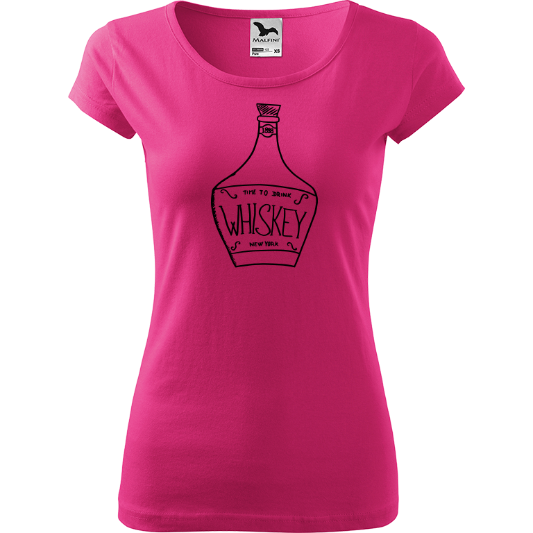 Ručně malované dámské bavlněné tričko - Whiskey Barva trička: RŮŽOVÁ, Velikost trička: S, Barva motivu: ČERNÁ