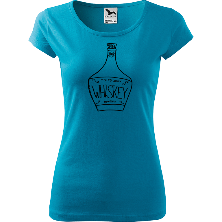 Ručně malované dámské bavlněné tričko - Whiskey Barva trička: TYRKYSOVÁ, Velikost trička: XXL, Barva motivu: ČERNÁ