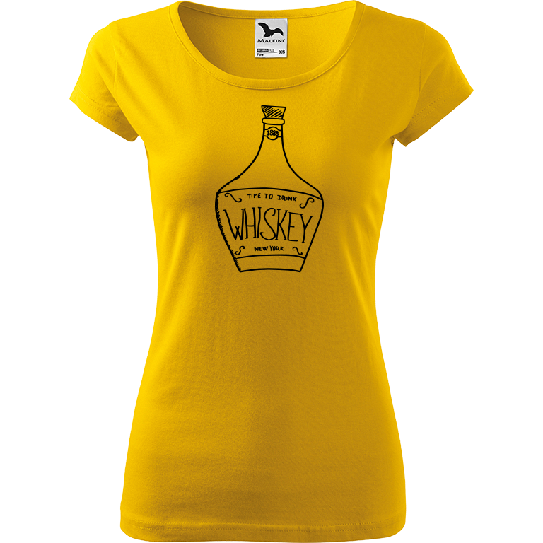 Ručně malované dámské bavlněné tričko - Whiskey Barva trička: ŽLUTÁ, Velikost trička: XXL, Barva motivu: ČERNÁ