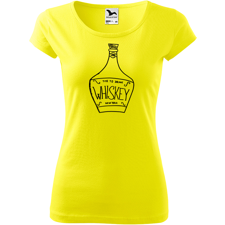 Ručně malované dámské bavlněné tričko - Whiskey Barva trička: CITRONOVÁ, Velikost trička: XS, Barva motivu: ČERNÁ