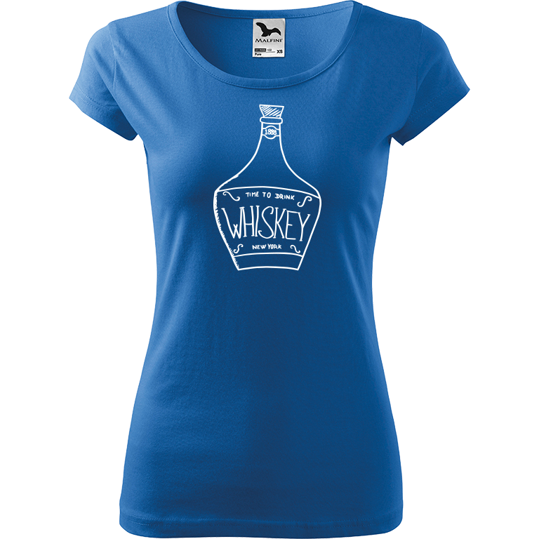 Ručně malované dámské bavlněné tričko - Whiskey Barva trička: AZUROVÁ, Velikost trička: L, Barva motivu: BÍLÁ