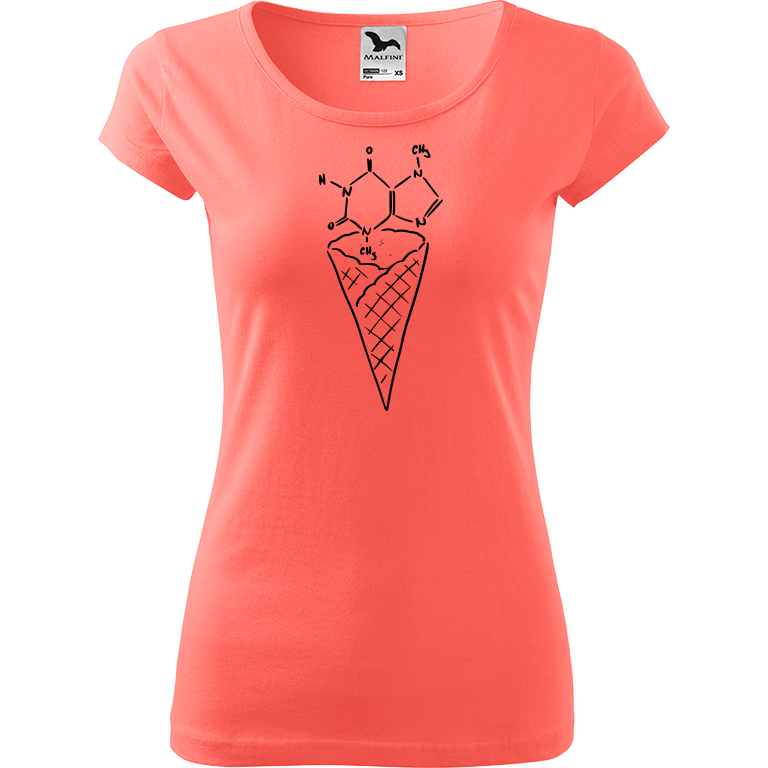 Ručně malované dámské bavlněné tričko - Zmrzlina - Čokoláda Barva trička: KORÁLOVÁ, Velikost trička: XL, Barva motivu: ČERNÁ