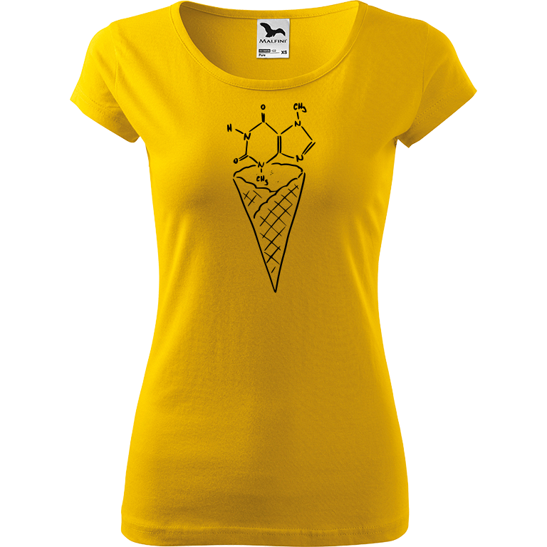 Ručně malované dámské bavlněné tričko - Zmrzlina - Čokoláda Barva trička: ŽLUTÁ, Velikost trička: XXL, Barva motivu: ČERNÁ