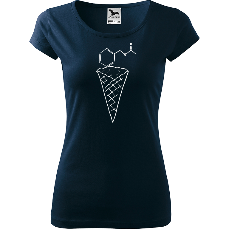 Ručně malované dámské bavlněné tričko - Zmrzlina - Jahoda Barva trička: NÁMOŘNICKÁ MODRÁ, Velikost trička: S, Barva motivu: BÍLÁ