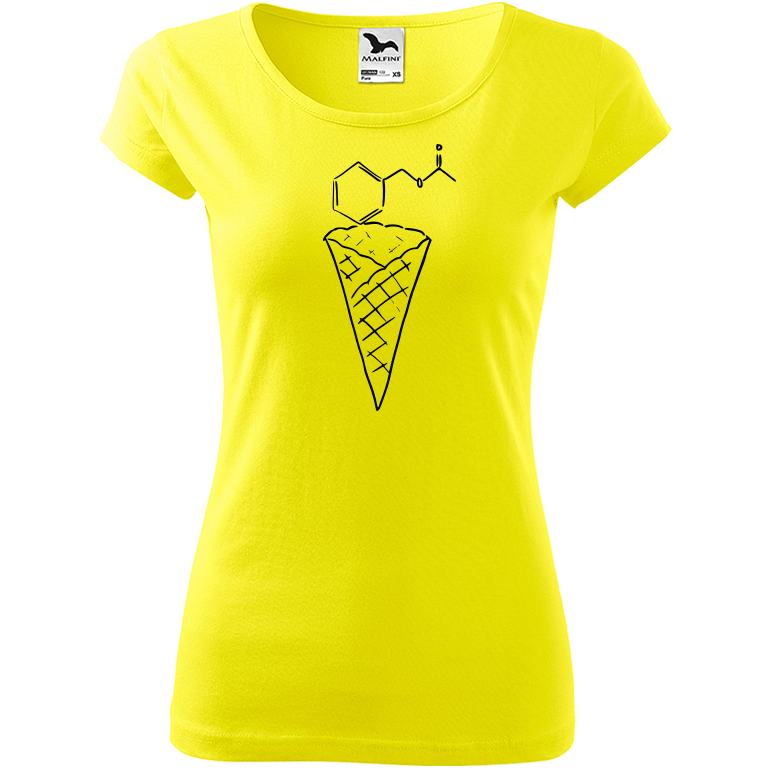 Ručně malované dámské bavlněné tričko - Zmrzlina - Jahoda Barva trička: CITRONOVÁ, Velikost trička: XS, Barva motivu: ČERNÁ