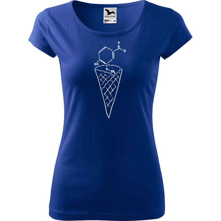 Ručně malované dámské bavlněné tričko - Zmrzlina - Vanilka Barva trička: MODRÁ, Velikost trička: XL, Barva motivu: BÍLÁ