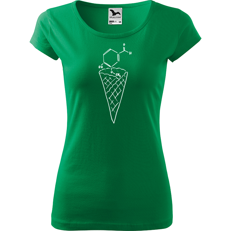 Ručně malované dámské bavlněné tričko - Zmrzlina - Vanilka Barva trička: STŘEDNĚ ZELENÁ, Velikost trička: XL, Barva motivu: BÍLÁ
