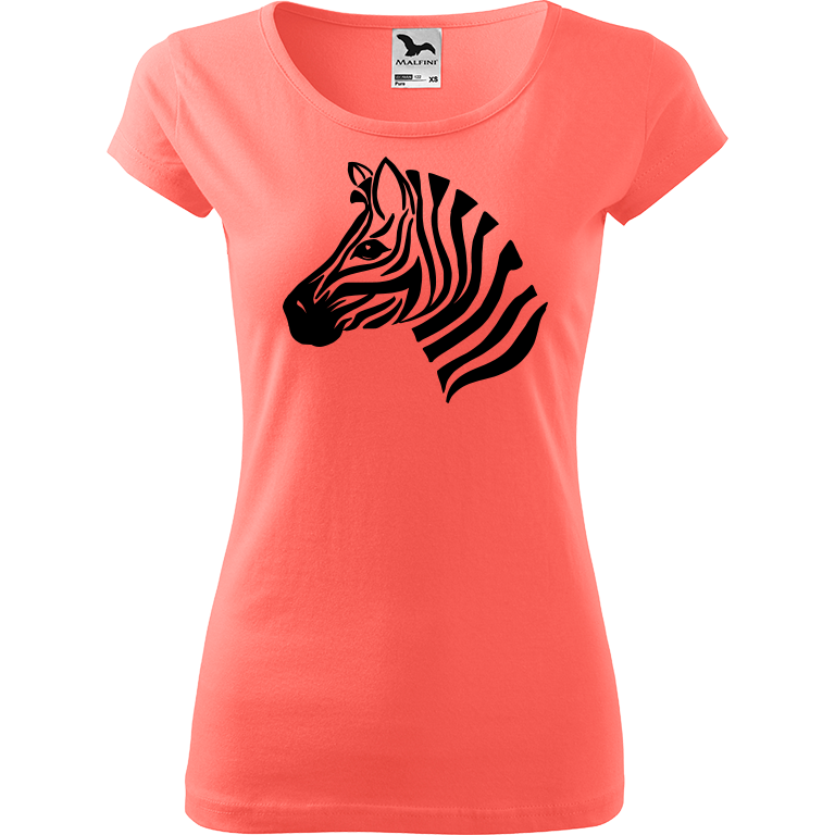 Ručně malované dámské bavlněné tričko - Zebra Barva trička: KORÁLOVÁ, Velikost trička: S, Barva motivu: ČERNÁ