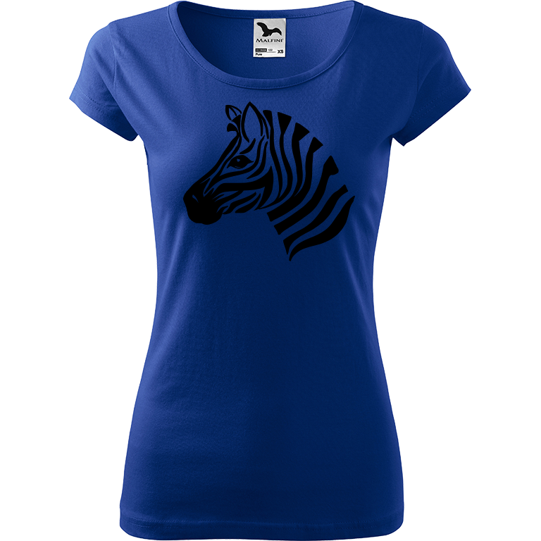 Ručně malované dámské bavlněné tričko - Zebra Barva trička: MODRÁ, Velikost trička: M, Barva motivu: ČERNÁ