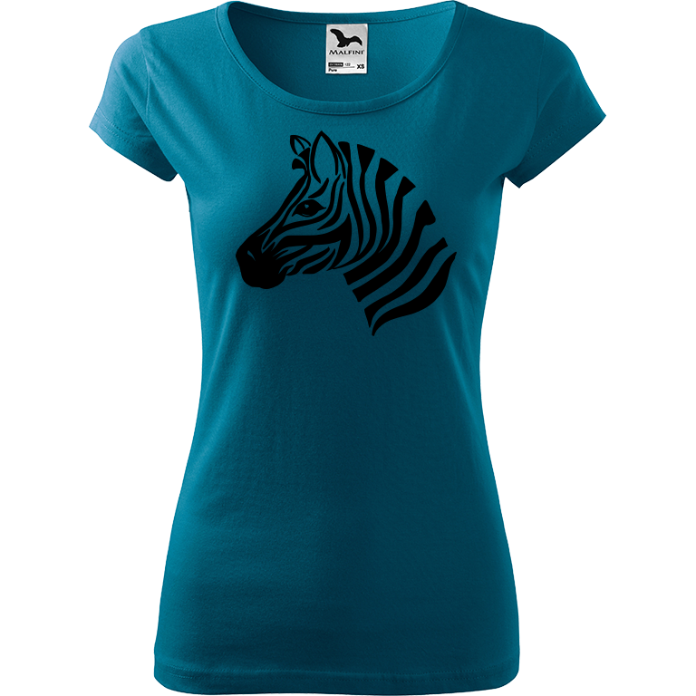 Ručně malované dámské bavlněné tričko - Zebra Barva trička: PETROLEJOVÁ, Velikost trička: M, Barva motivu: ČERNÁ