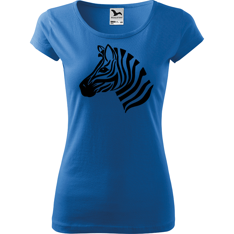 Ručně malované dámské bavlněné tričko - Zebra Barva trička: AZUROVÁ, Velikost trička: XS, Barva motivu: ČERNÁ