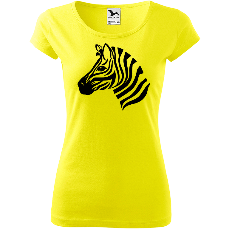 Ručně malované dámské bavlněné tričko - Zebra Barva trička: CITRONOVÁ, Velikost trička: XS, Barva motivu: ČERNÁ