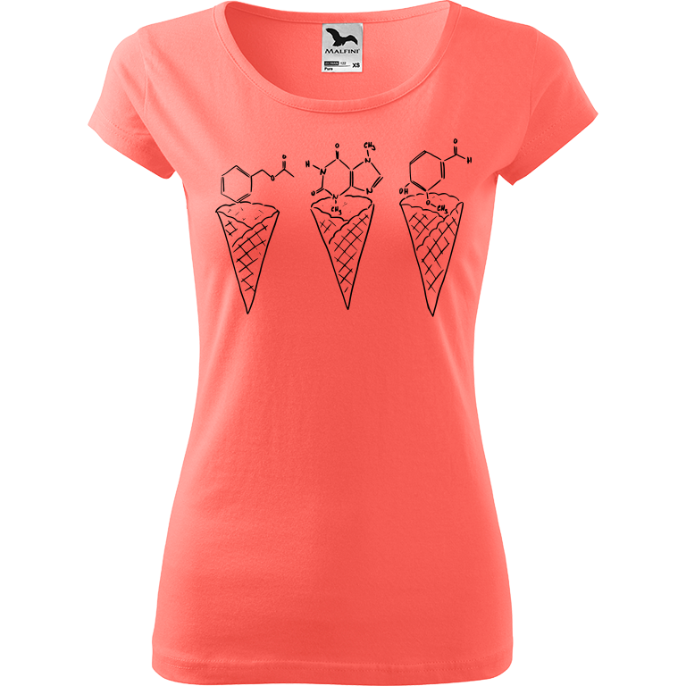 Ručně malované dámské bavlněné tričko - Zmrzliny - Jahoda, čokoláda a vanilka Barva trička: KORÁLOVÁ, Velikost trička: XL, Barva motivu: ČERNÁ