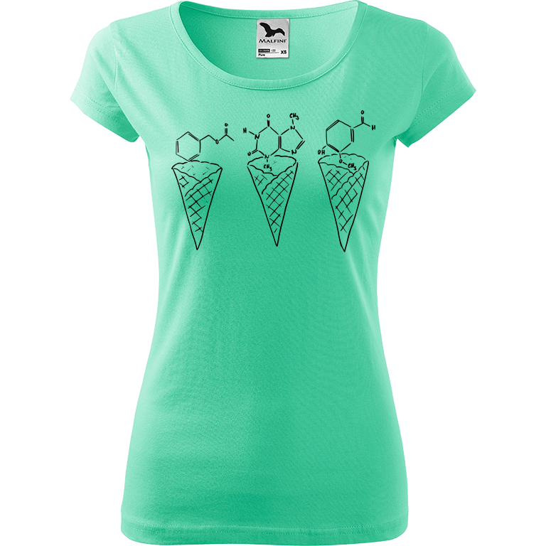 Ručně malované dámské bavlněné tričko - Zmrzliny - Jahoda, čokoláda a vanilka Barva trička: MÁTOVÁ, Velikost trička: XL, Barva motivu: ČERNÁ