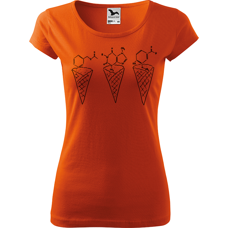 Ručně malované dámské bavlněné tričko - Zmrzliny - Jahoda, čokoláda a vanilka Barva trička: ORANŽOVÁ, Velikost trička: S, Barva motivu: ČERNÁ