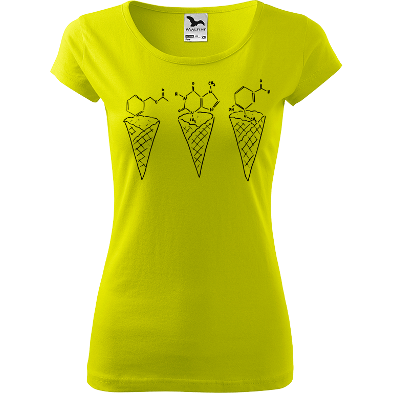 Ručně malované dámské bavlněné tričko - Zmrzliny - Jahoda, čokoláda a vanilka Barva trička: LIMETKOVÁ, Velikost trička: XS, Barva motivu: ČERNÁ
