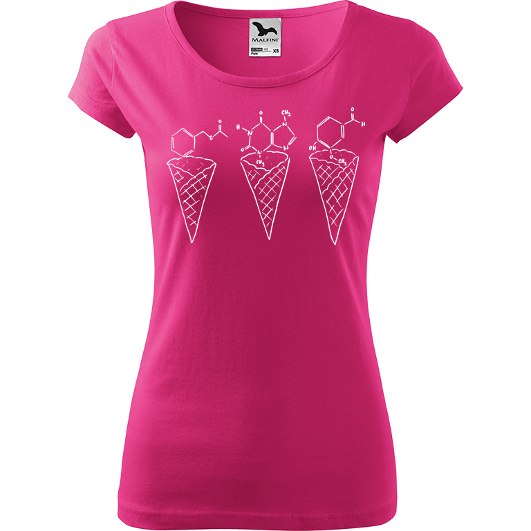 Ručně malované dámské bavlněné tričko - Zmrzliny - Jahoda, čokoláda a vanilka Barva trička: RŮŽOVÁ, Velikost trička: M, Barva motivu: BÍLÁ