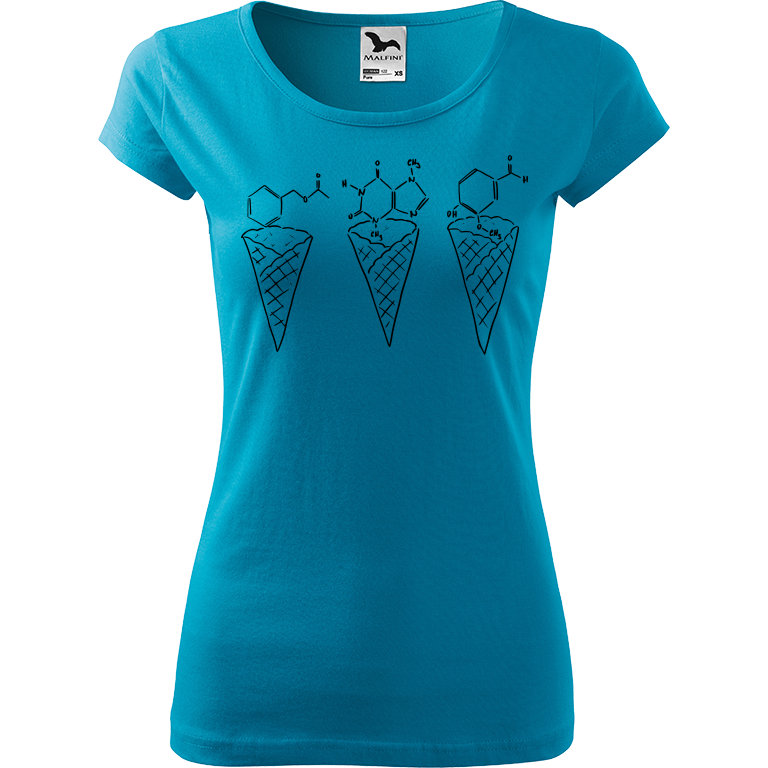 Ručně malované dámské bavlněné tričko - Zmrzliny - Jahoda, čokoláda a vanilka Barva trička: TYRKYSOVÁ, Velikost trička: XS, Barva motivu: ČERNÁ