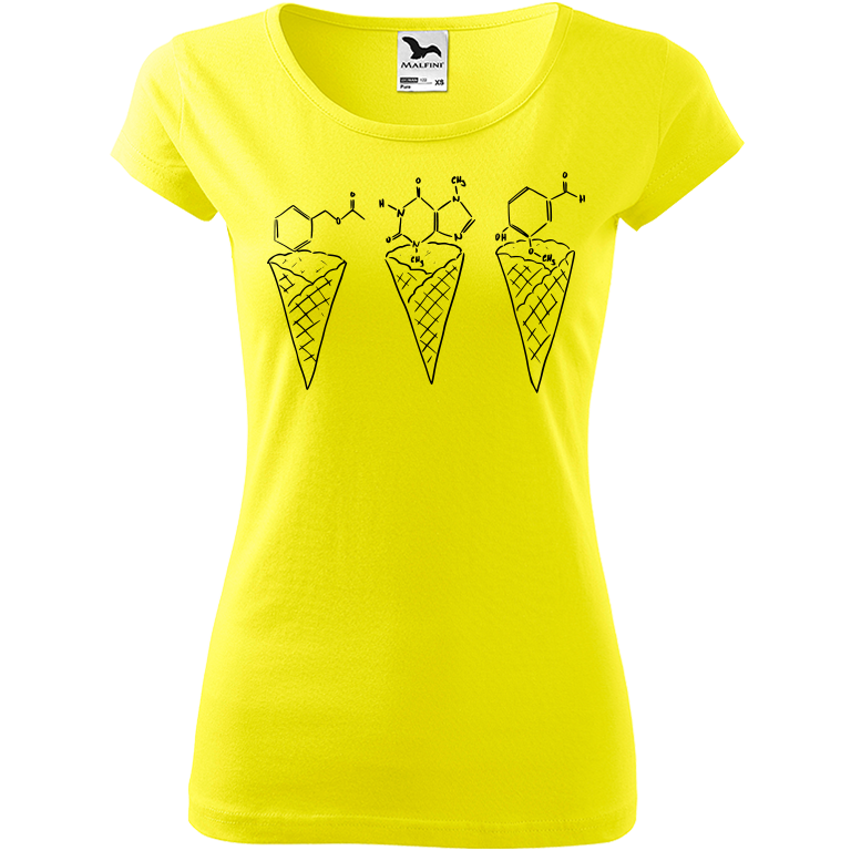 Ručně malované dámské bavlněné tričko - Zmrzliny - Jahoda, čokoláda a vanilka Barva trička: CITRONOVÁ, Velikost trička: M, Barva motivu: ČERNÁ