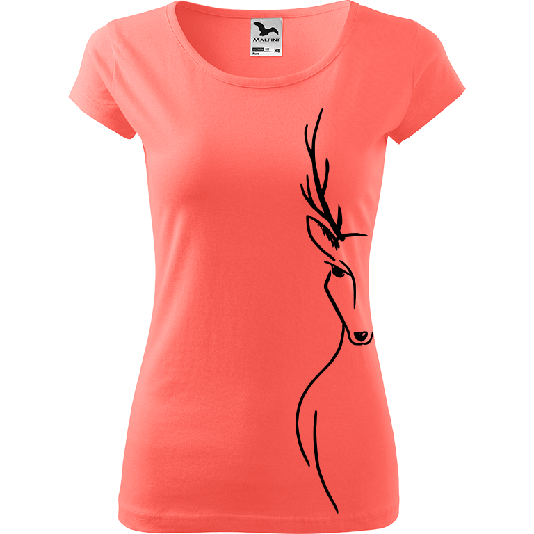 Ručně malované dámské bavlněné tričko - Jelen - Na boku Barva trička: KORÁLOVÁ, Velikost trička: XS, Barva motivu: ČERNÁ