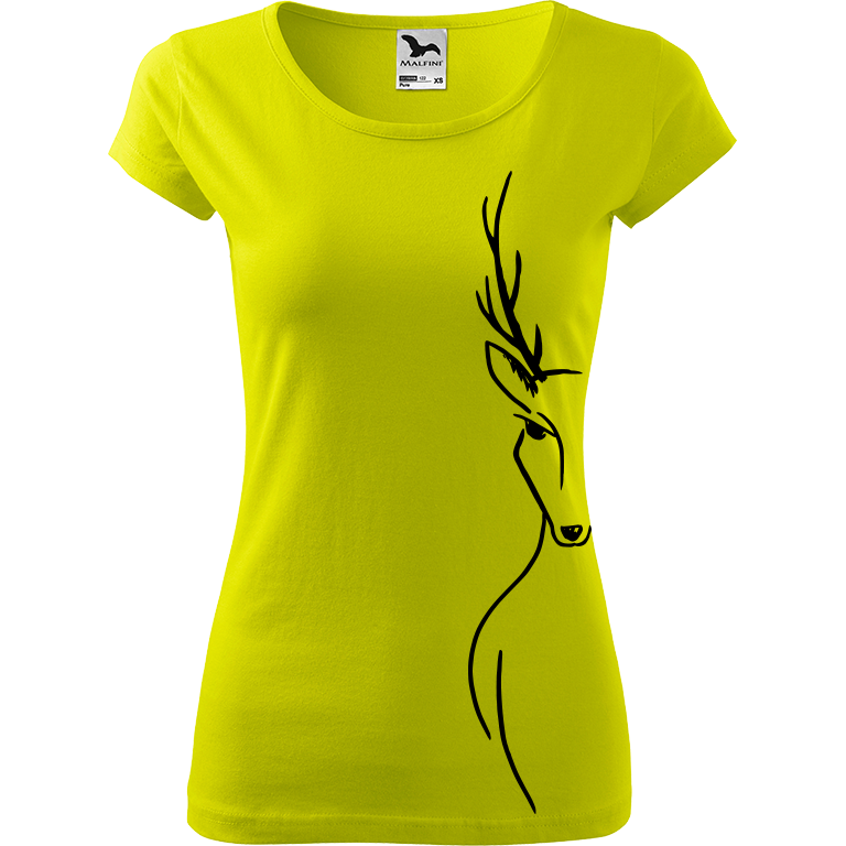 Ručně malované dámské bavlněné tričko - Jelen - Na boku Barva trička: LIMETKOVÁ, Velikost trička: S, Barva motivu: ČERNÁ